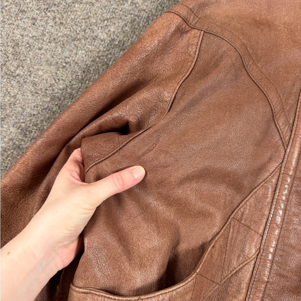 VTG Wilsons Adventure Bound Light Brown Leather Bomber Jacket Mens M Funnel Neck - Picture 9 of 12